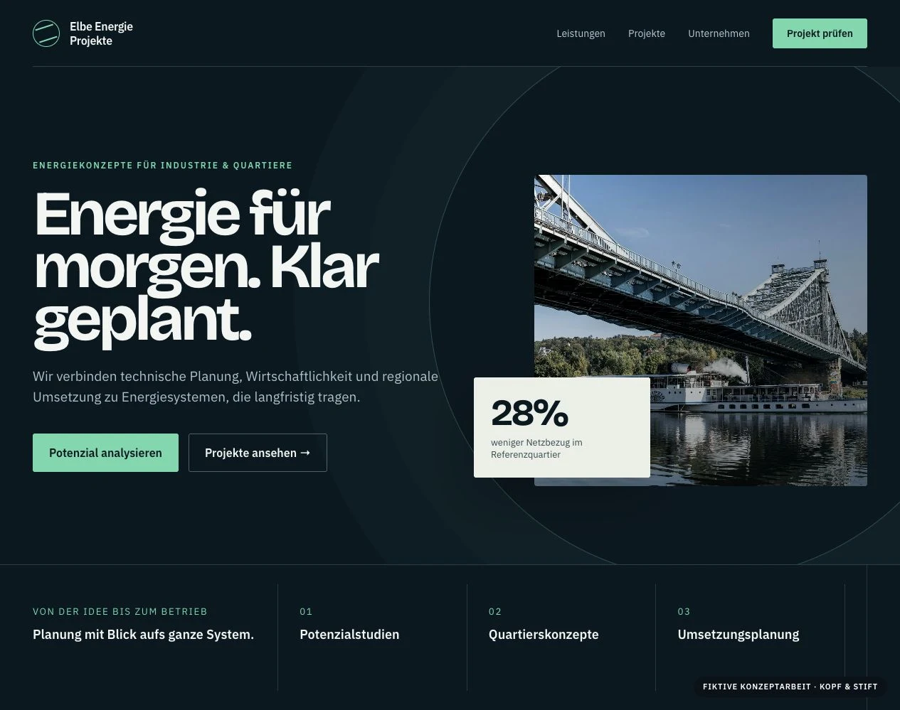 Konzeptarbeit Elbe Energie mit dunklem B2B-Webdesign