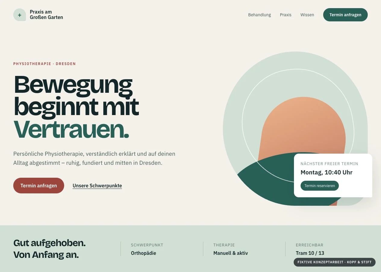 Konzeptarbeit Praxis am Großen Garten mit ruhigem Gesundheitsdesign