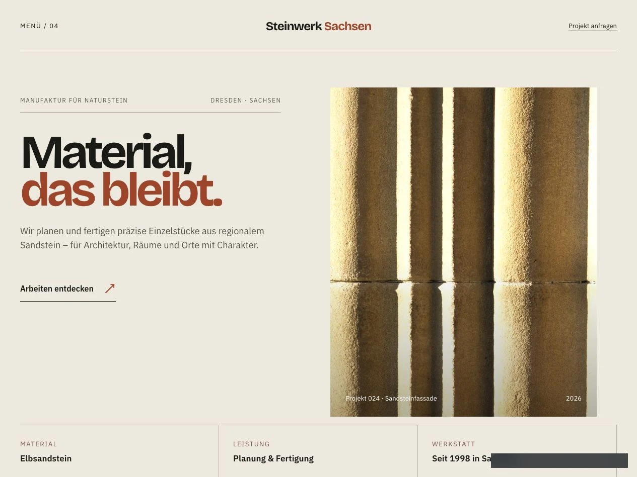 Konzeptarbeit Steinwerk Sachsen mit hellem Editorial-Webdesign