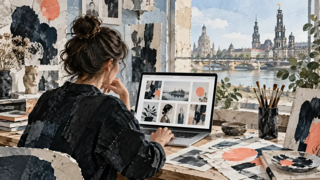 Illustration eines Ateliers mit abstrakten Bildern und einer digitalen Werkübersicht vor einem Dresdner Stadtmotiv.