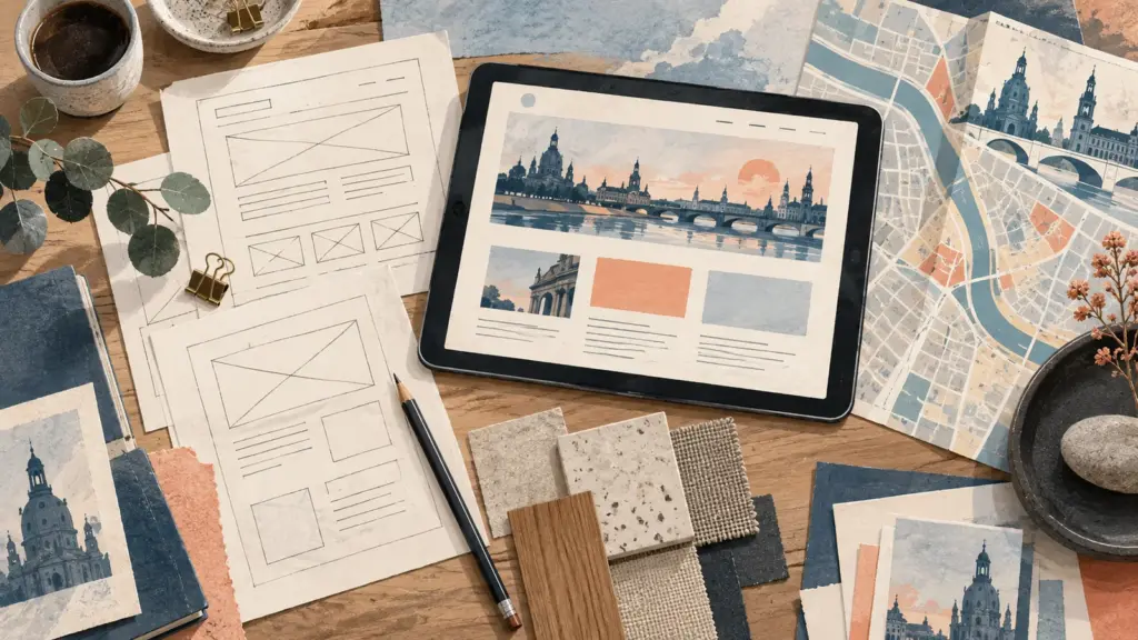 Illustration eines Arbeitstisches mit Website-Skizzen, Farbkarten und geordneten Projektkarten.