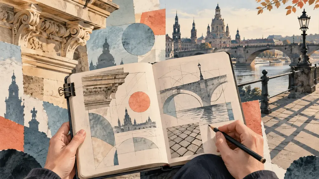 Illustration eines Skizzenbuchs vor einer abstrahierten Dresdner Stadtkulisse mit Farbflächen und geometrischen Formen.