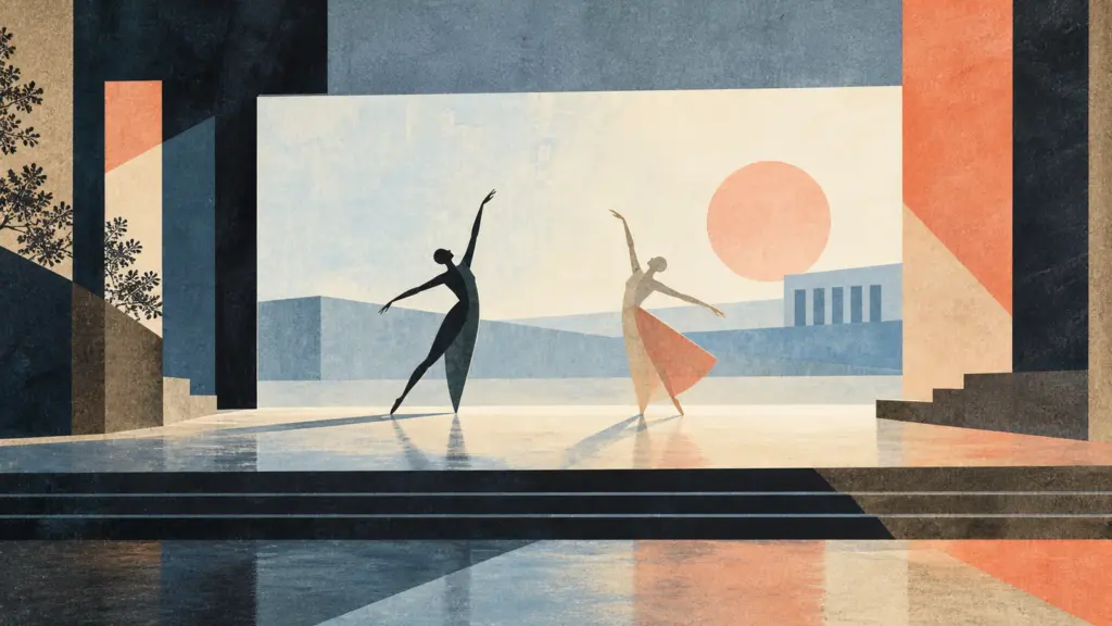 Konzeptuelle Illustration mit Architekturformen, einer tanzenden Silhouette und farbigen Lichtflächen als Sinnbild für Hellerau